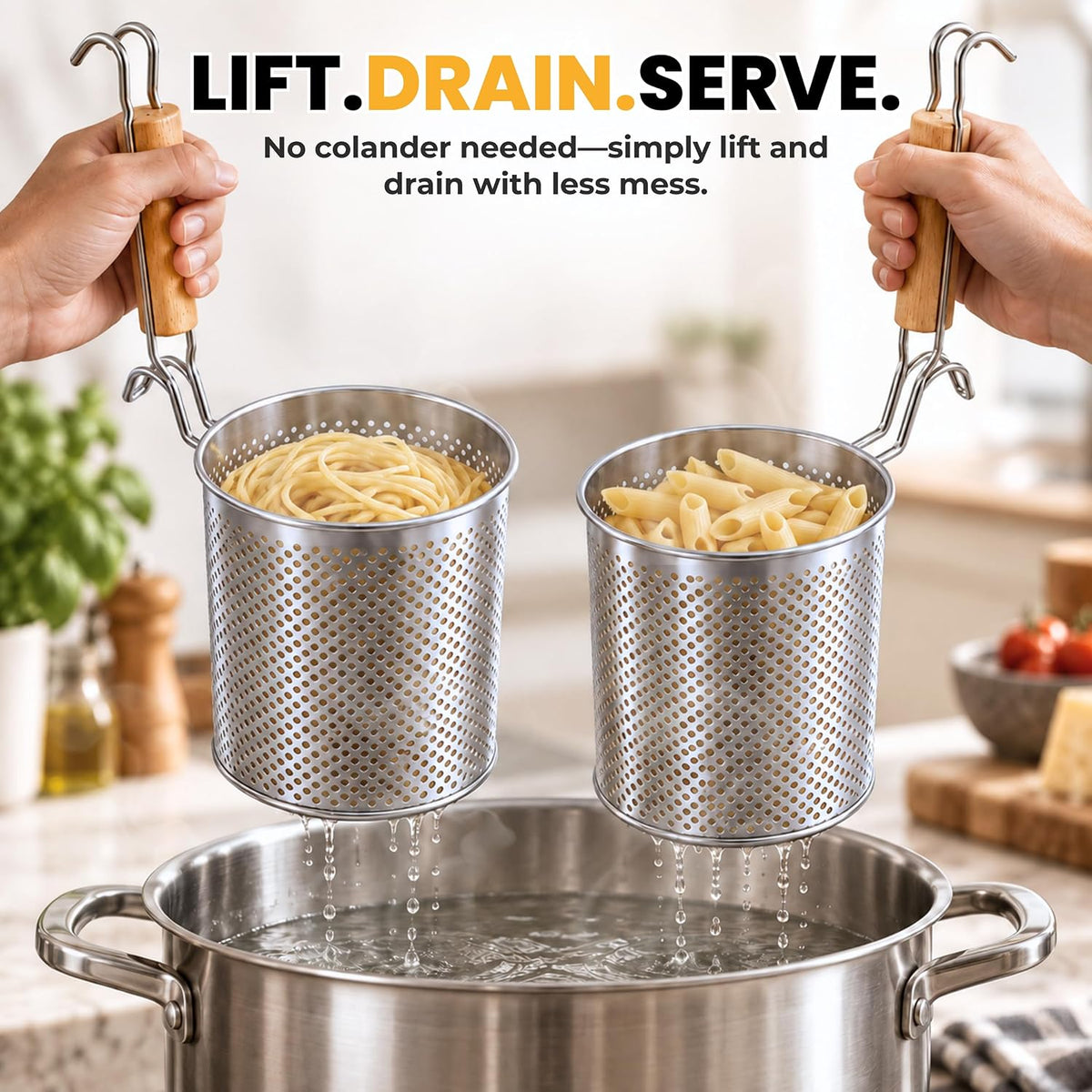 Pasta Strainer with Handle - Pack of 2 Noodle basket made up of Stainless Steel Mesh - Pasta Basket for Boiling Noodles, Dumplings, Spaghetti – Boiling Strainer & Pasta Cooker.