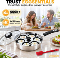 Eggssentials Egg Poacher Pan Nonstick Poached Egg Maker, Stainless Steel Egg Poaching Pan, Poached Eggs Cooker Food Grade Safe PFOA Free with Spatula, Egg Poachers Cookware