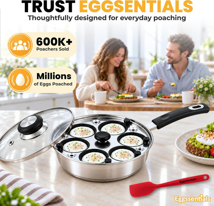 Eggssentials Egg Poacher Pan Nonstick Poached Egg Maker, Stainless Steel Egg Poaching Pan, Poached Eggs Cooker Food Grade Safe PFOA Free with Spatula, Egg Poachers Cookware