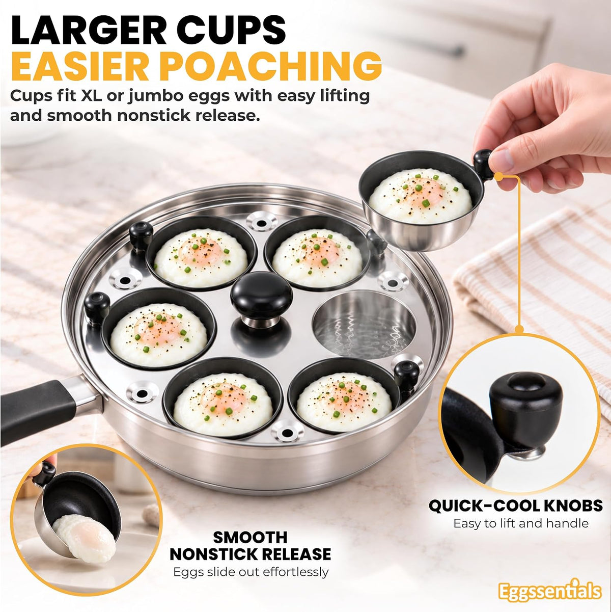 Eggssentials Egg Poacher Pan Nonstick Poached Egg Maker, Stainless Steel Egg Poaching Pan, Poached Eggs Cooker Food Grade Safe PFOA Free with Spatula, Egg Poachers Cookware