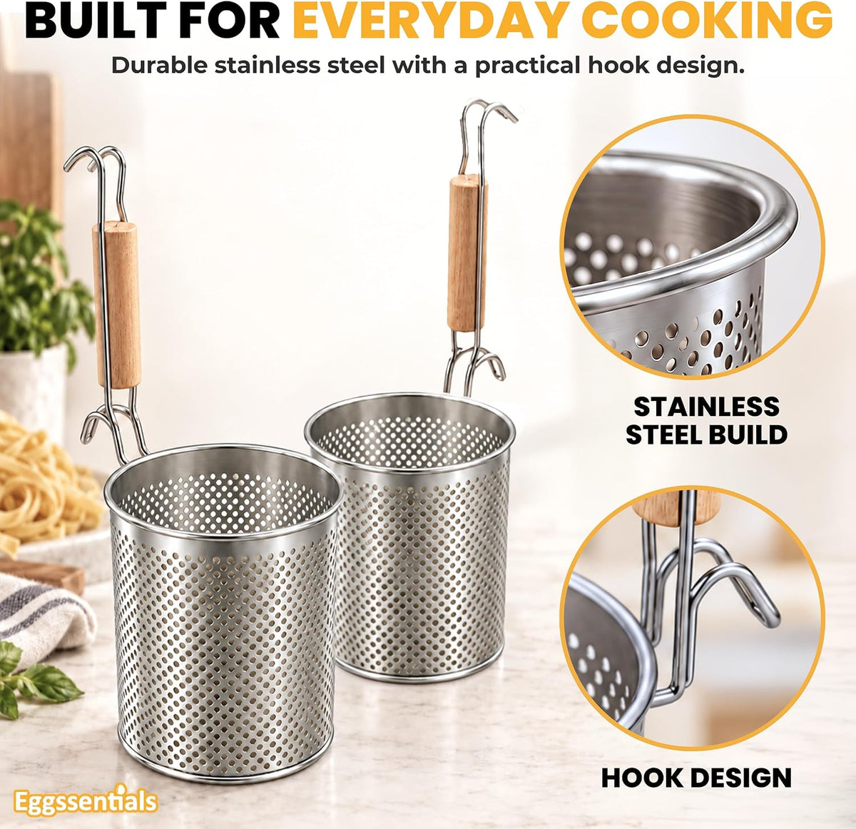 Pasta Strainer with Handle - Pack of 2 Noodle basket made up of Stainless Steel Mesh - Pasta Basket for Boiling Noodles, Dumplings, Spaghetti – Boiling Strainer & Pasta Cooker.