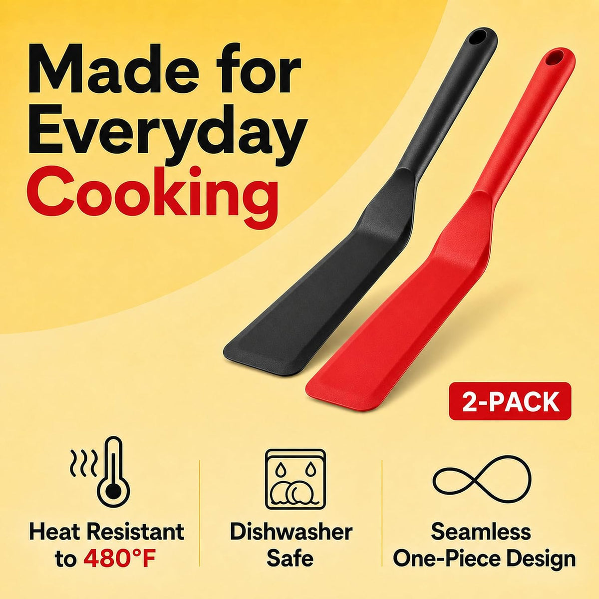 Eggssentials Pack of 2, Egg Spatula - Non-Stick, High Heat Resistant Kitchen Tools for Panckes, Eggs, Baking, Cooking, and Mixing - Red & Black