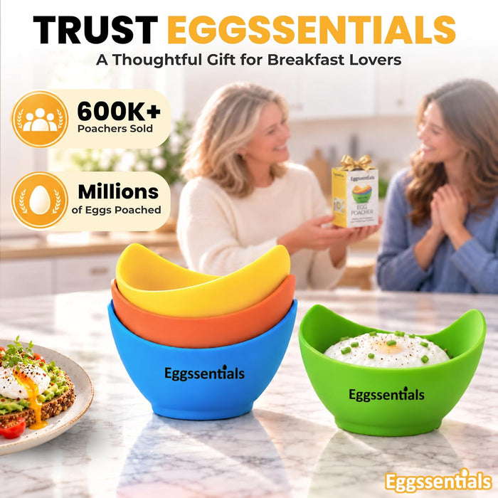Eggssentials - Poached Egg Cups - Pack of 4 - BPA Free Silicone Egg Poacher Cups - Nonstick Poached Egg Cooker for Microwave, Stovetop, Baking – Easy to Clean Poaching Pods for Perfect Eggs