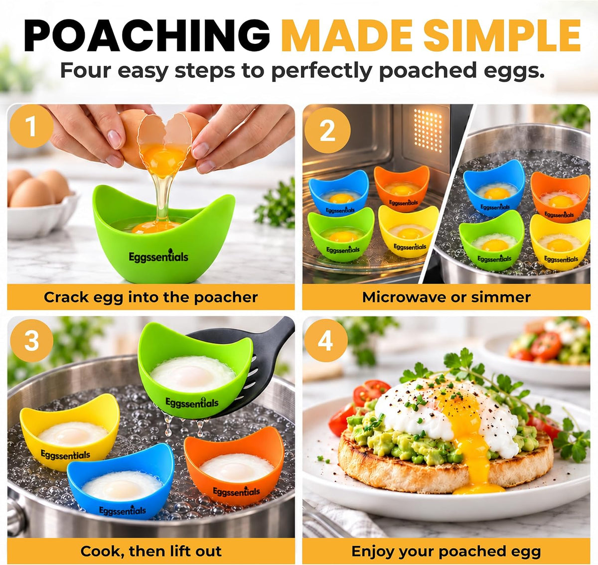 Eggssentials - Poached Egg Cups - Pack of 4 - BPA Free Silicone Egg Poacher Cups - Nonstick Poached Egg Cooker for Microwave, Stovetop, Baking – Easy to Clean Poaching Pods for Perfect Eggs