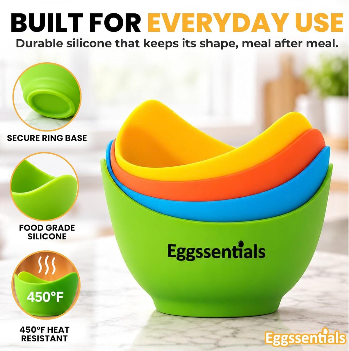 Eggssentials - Poached Egg Cups - Pack of 4 - BPA Free Silicone Egg Poacher Cups - Nonstick Poached Egg Cooker for Microwave, Stovetop, Baking – Easy to Clean Poaching Pods for Perfect Eggs