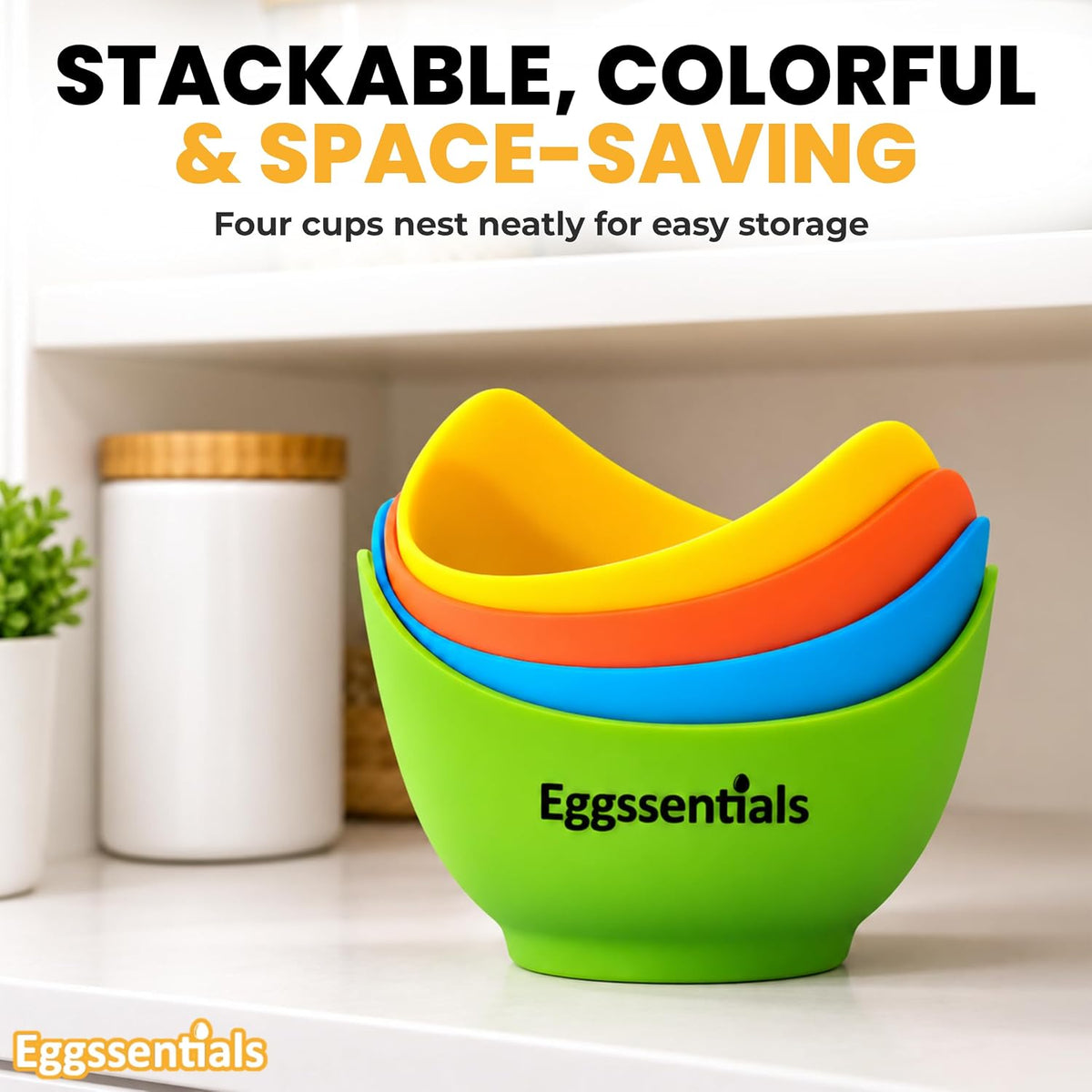 Eggssentials - Poached Egg Cups - Pack of 4 - BPA Free Silicone Egg Poacher Cups - Nonstick Poached Egg Cooker for Microwave, Stovetop, Baking – Easy to Clean Poaching Pods for Perfect Eggs