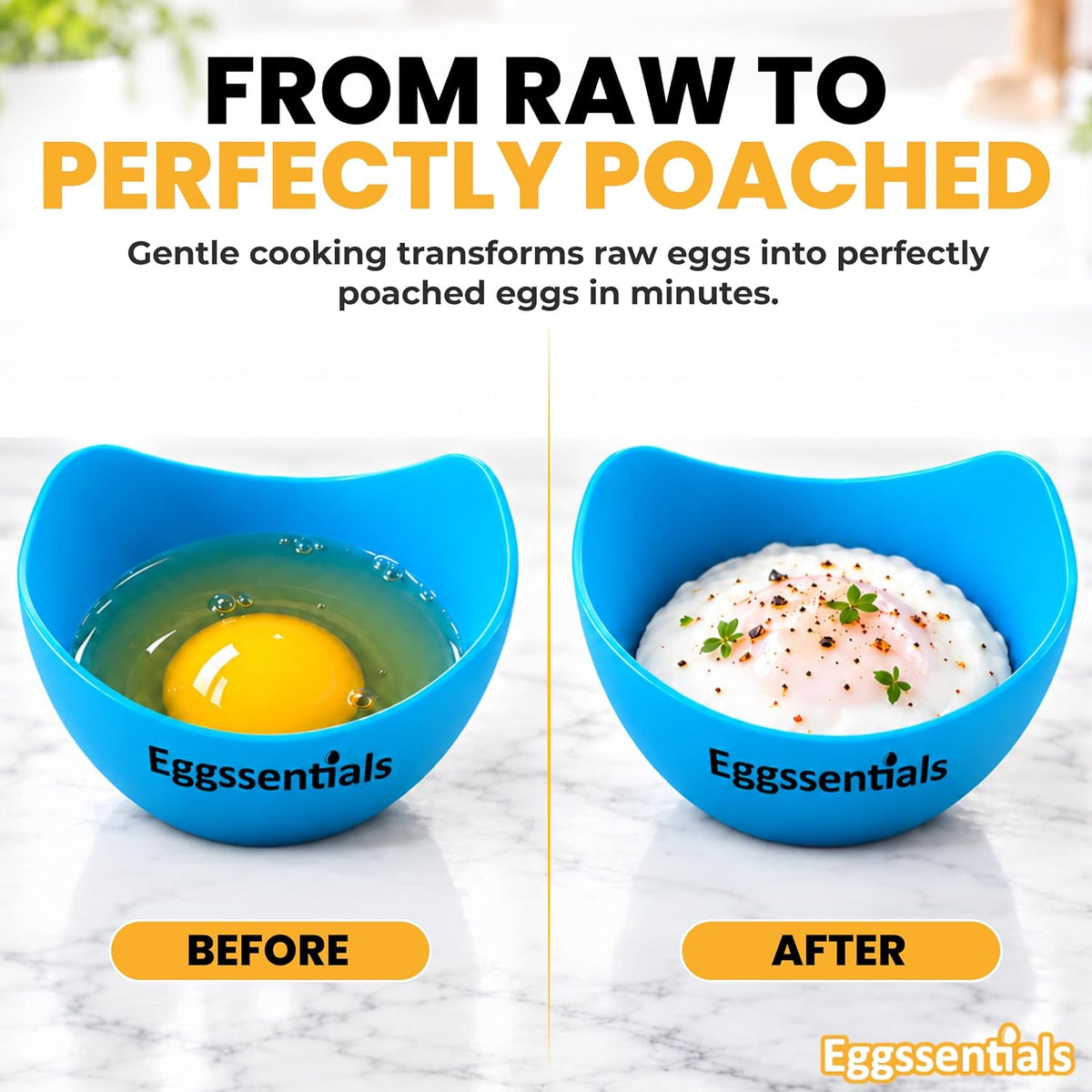 Eggssentials - Poached Egg Cups - Pack of 4 - BPA Free Silicone Egg Poacher Cups - Nonstick Poached Egg Cooker for Microwave, Stovetop, Baking – Easy to Clean Poaching Pods for Perfect Eggs