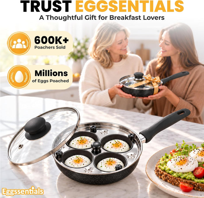 Eggssentials 2 IN 1 Egg Pan & Egg Poacher Pan, Granite Nonstick Fry Pan Poached Egg Maker and Frying Skillet with Lid, Poached Eggs Cooker Food Grade Safe PFOA Free with Spatula, Egg Cookware - 4 Cups