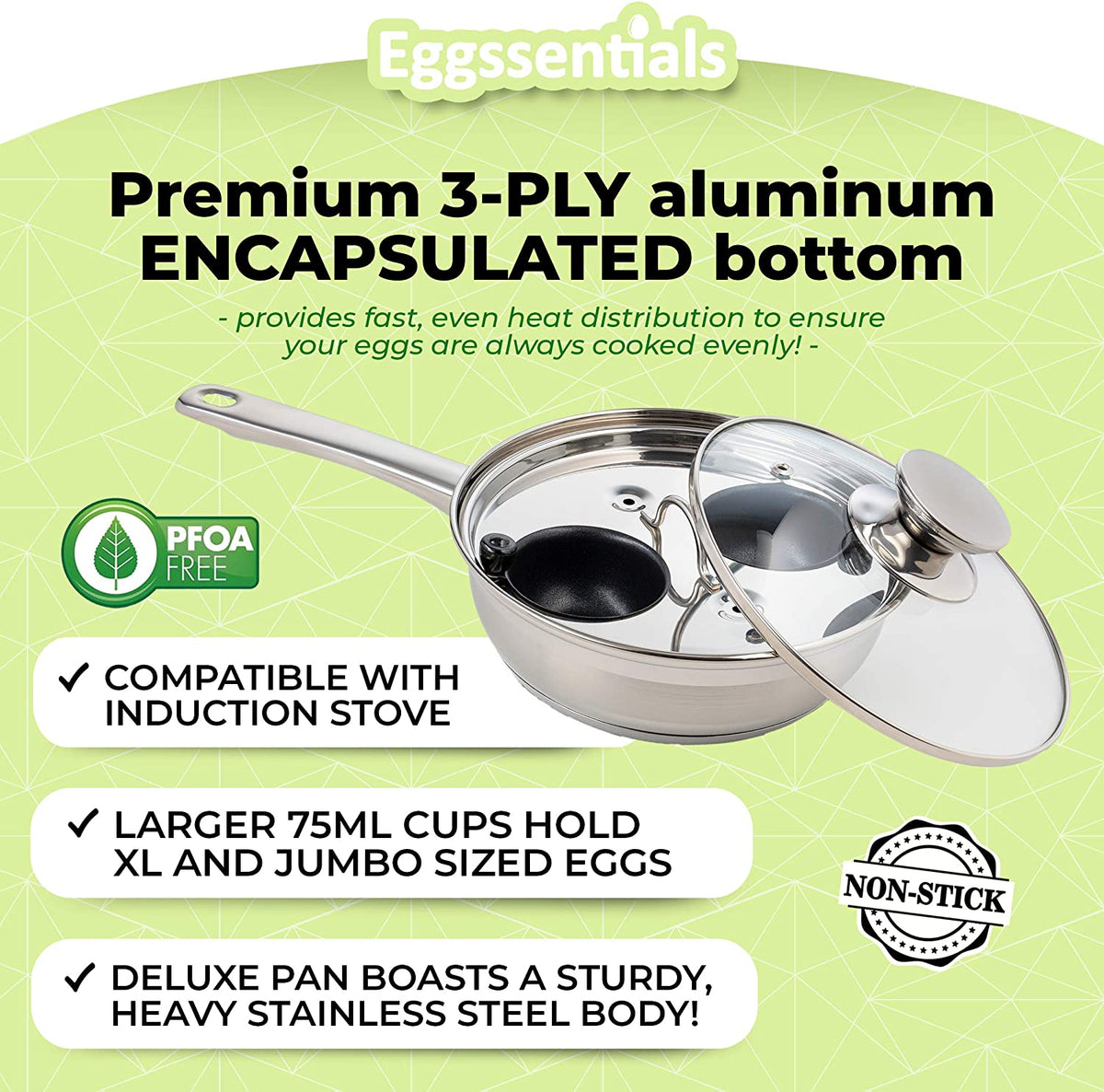 Eggssentials Stainless Steel 2 Cup Egg Poacher Pan